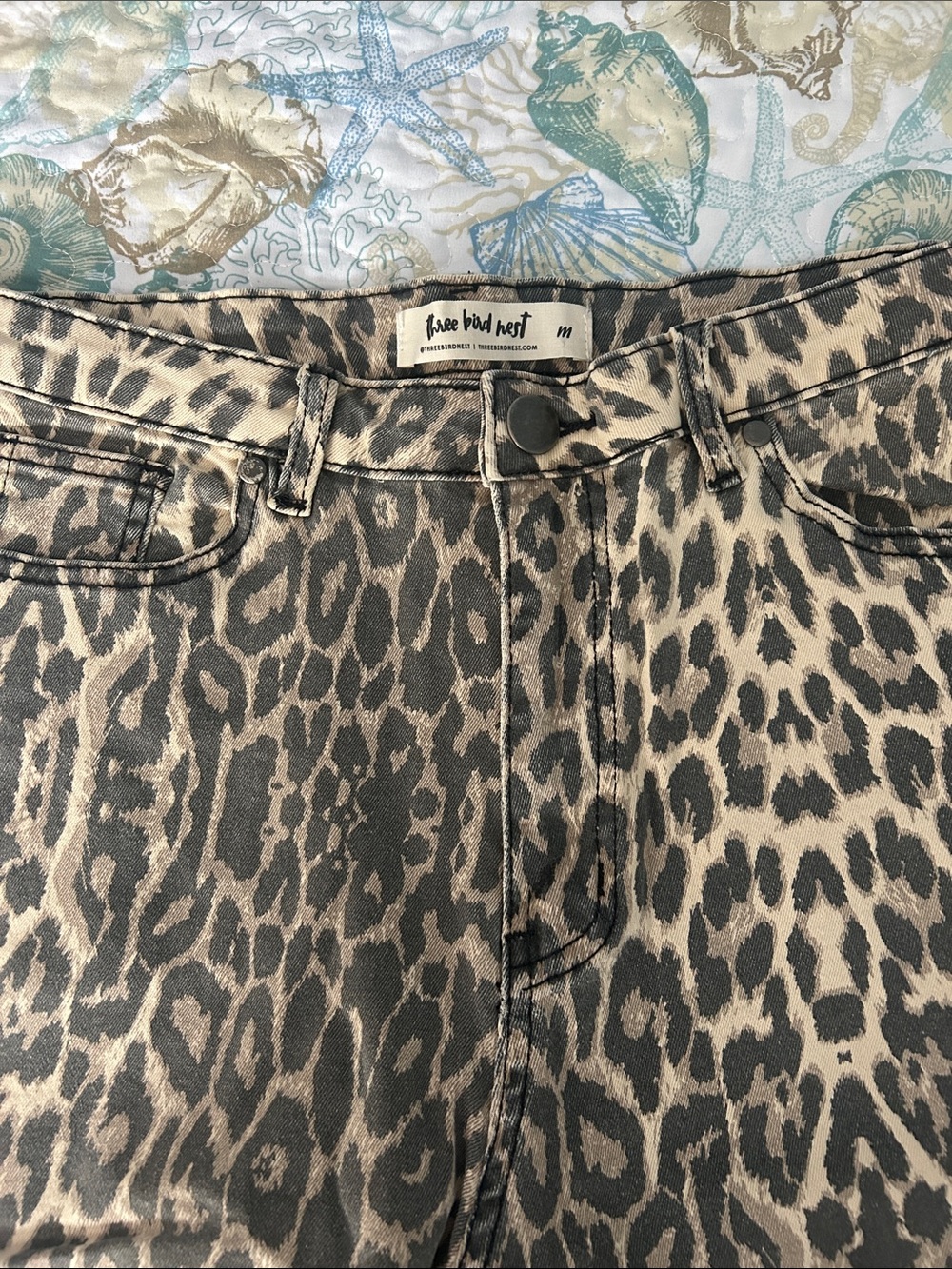 Three Bird Nest Leopard Print Wide Leg Jeans in beige and black - Picture 2 of 5